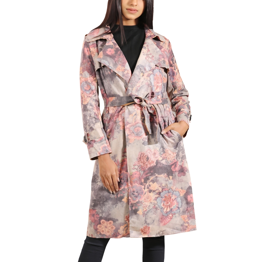 Womens Floral Gray Lapel Collar Sueded Longline Trench Coat Sz Large